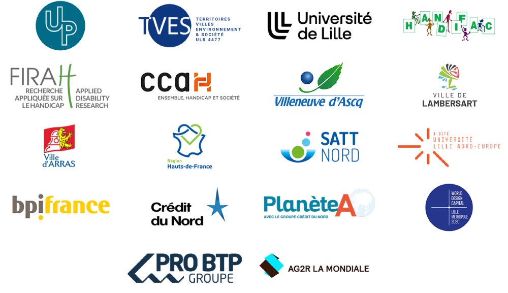 Bandeau de logos des partenaires d'Uptimizy : les Projets Up (Utilité Publique), le Laboratoire Territoires, Villes, Environnement et Société, l'Université de Lille, l'association Handifac, la FIRAH, le CCAH, Villeneuve d'Ascq, Arras, Lambersart, la Région Hauts-de-France, la SATT Nord, la fondation I-Site de l'Université de Lille, BPI France, le Crédit du Nord, Planète A, Lille Métropole 2020, la Pro BTP Groupe et AG2R la Mondiale.