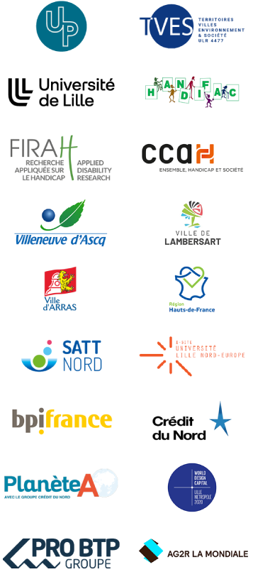 Bandeau de logos des partenaires d'Uptimizy : les Projets Up (Utilité Publique), le Laboratoire Territoires, Villes, Environnement et Société, l'Université de Lille, l'association Handifac, la FIRAH, le CCAH, Villeneuve d'Ascq, Arras, Lambersart, la Région Hauts-de-France, la SATT Nord, la fondation I-Site de l'Université de Lille, BPI France, le Crédit du Nord, Planète A, Lille Métropole 2020, la Pro BTP Groupe et AG2R la Mondiale.